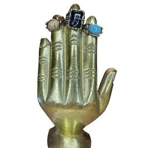 Free People Bohemian Ring Set With Turquoise & Onyx Gemstones Size 7 & 8 Silver